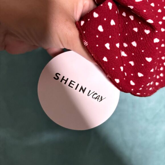 SHEIN VCAY NWT Heart Print Off Shoulder Frill Trim Knitted Bodycon Dress - Picture 2 of 6